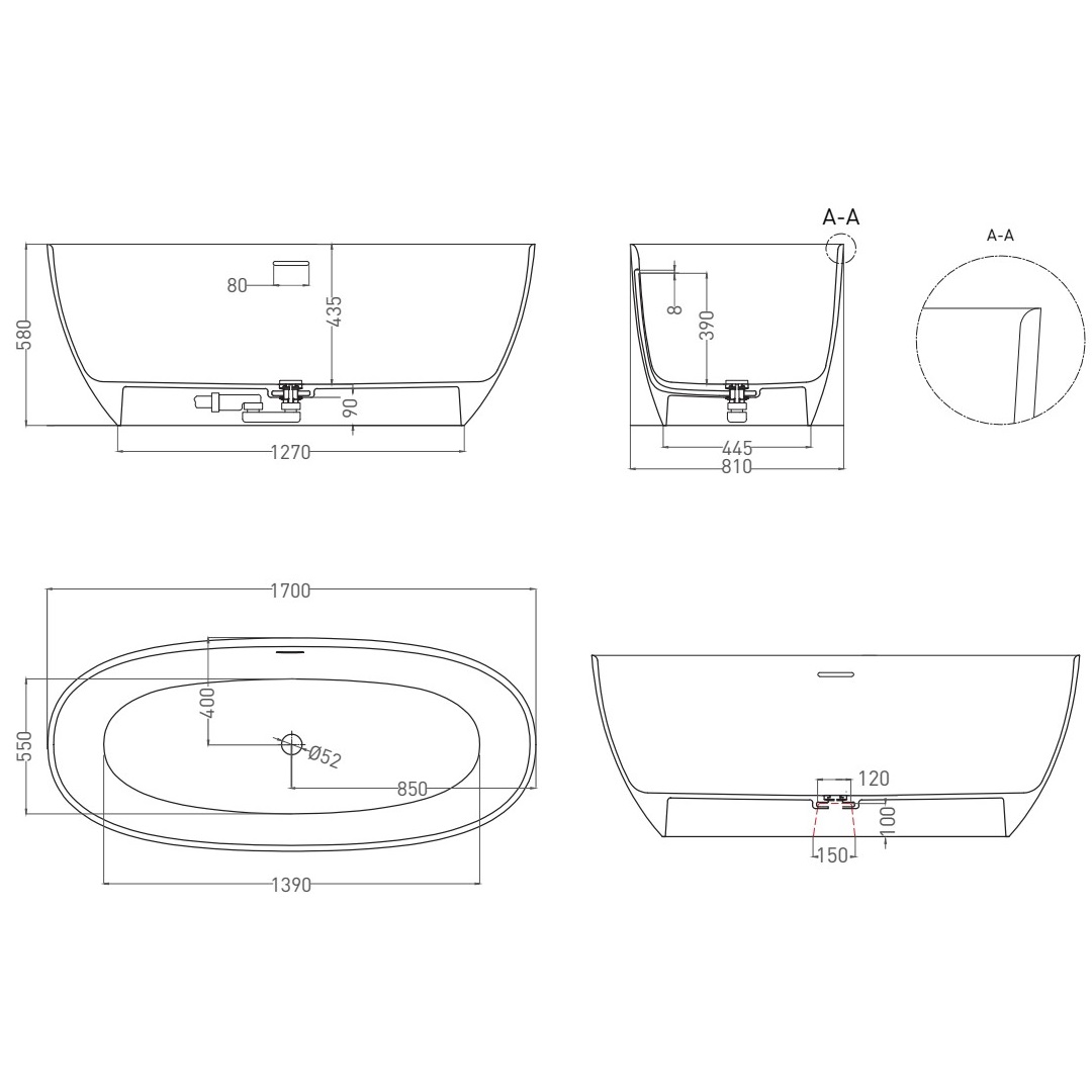 Ванна свободностоящая Salini S-Sense Alda 101912GF 170x80x59.5 (покраска RAL полностью), донный клапан, сифон, слив-перелив