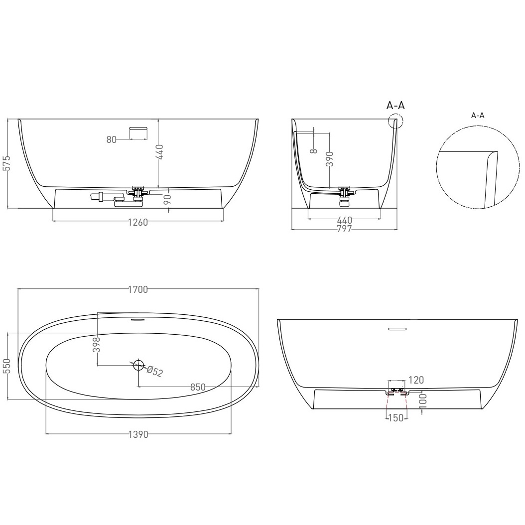 Ванна свободностоящая Salini S-Stone Alda 101922MF 170x80x57.5 (покраска RAL полностью), донный клапан, сифон, слив-перелив