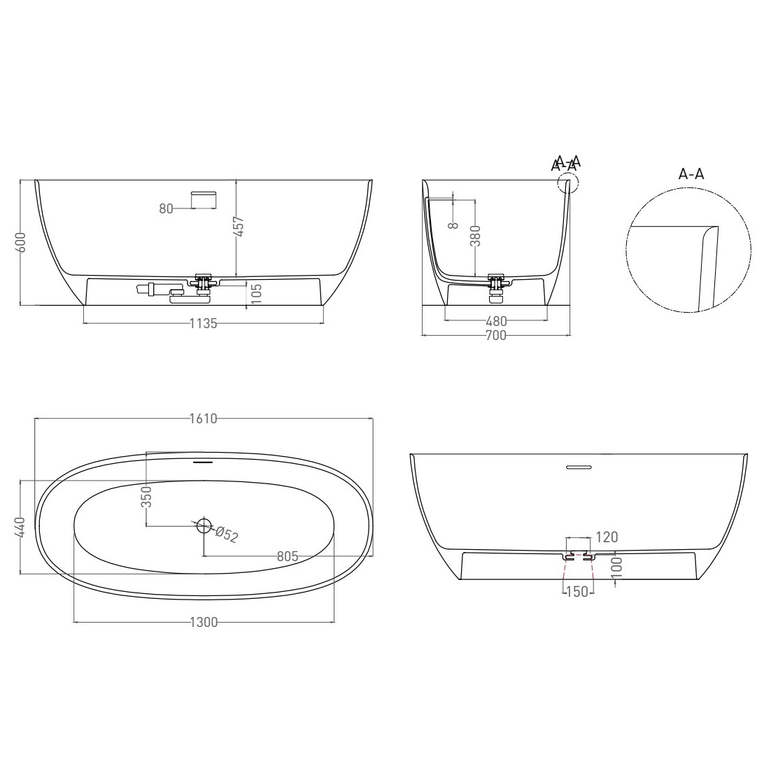 Ванна свободностоящая Salini S-Stone Alda 101924MF 160x70x60 (покраска RAL полностью), донный клапан, сифон, слив-перелив