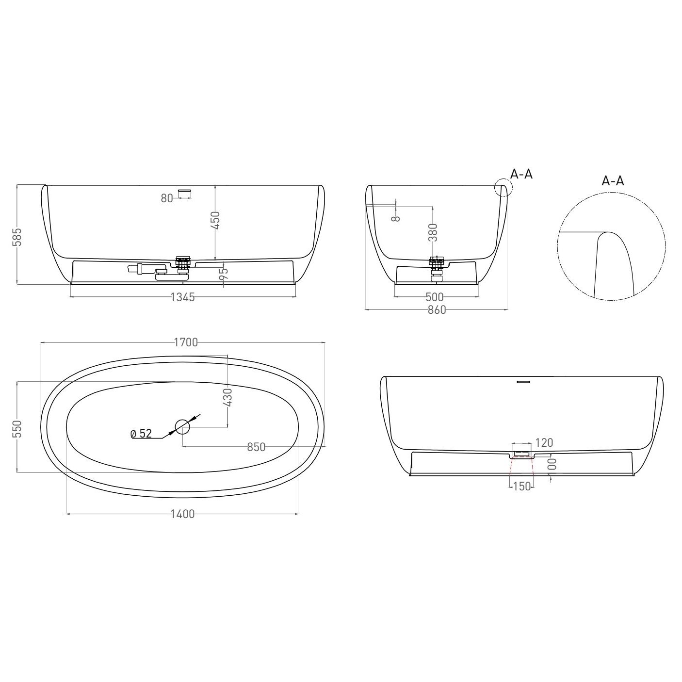 Ванна свободностоящая Salini S-Stone Luce 100121MF 169х87х58 (покраска полностью, цвет на выбор), донный клапан, сифон, слив-перелив