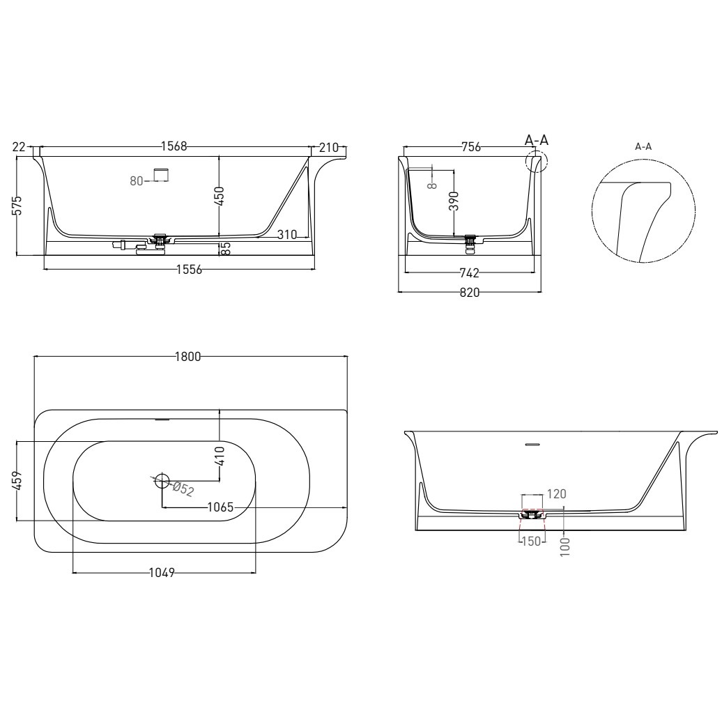 Ванна свободностоящая Salini S-Stone Ninfea 102721MF 180x82x57.5 (покраска RAL полностью), донный клапан, сифон, слив-перелив