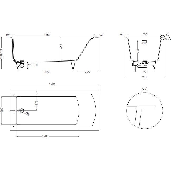 Ванна встраиваемая Salini S-Sense Cascata 104313GF 170.6x75.1x60 (покраска RAL полностью, глянцевый), донный клапан, сифон, слив-перелив