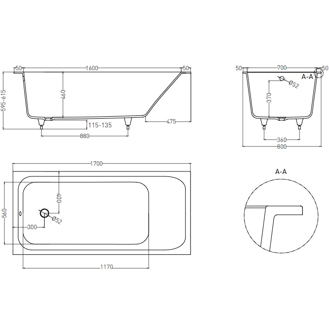 Ванна встраиваемая Salini S-Sense Orlanda 102016GF 170x80x60 (покраска RAL полностью, глянцевый), без донного клапана