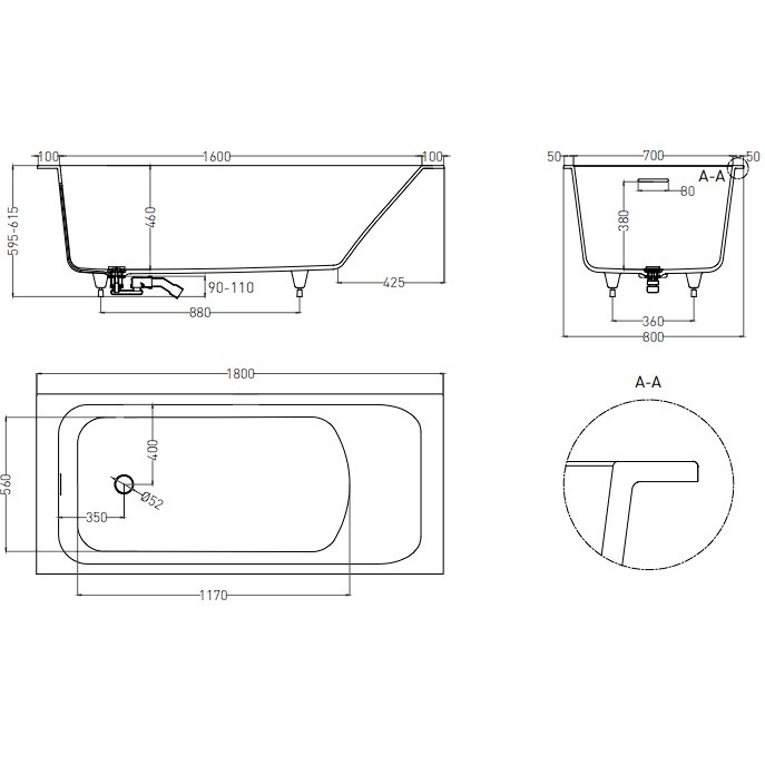 Ванна встраиваемая Salini S-Sense Orlanda 102112G 180x80x60 (белый глянцевый), донный клапан, сифон, слив-перелив