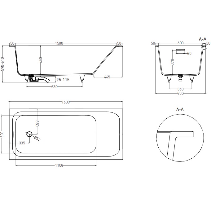 Ванна встраиваемая Salini S-Sense Orlanda 102115G 160x70x 60 (белый глянцевый), донный клапан, сифон, слив-перелив