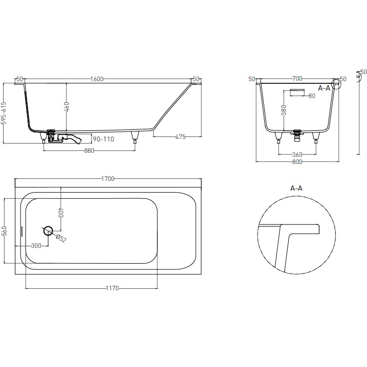 Ванна встраиваемая Salini S-Sense Orlanda 102116G 170x80x60 (белый глянцевый), донный клапан, сифон, слив-перелив