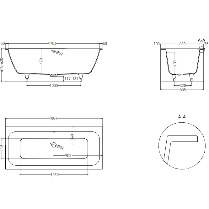 Ванна встраиваемая Salini S-Sense Orlanda Axis 103212GF 180x80x60 (покраска RAL полностью, глянцевый), без донного клапана