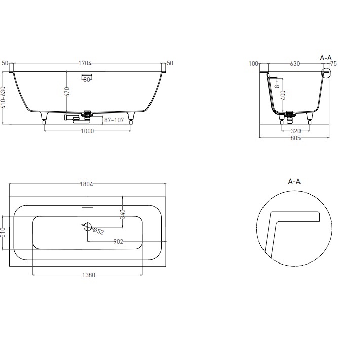 Ванна встраиваемая Salini S-Sense Orlanda Axis Kit 103312GF 180x80x60 (покраска RAL полностью, глянцевый), донный клапан, сифон, слив-перелив