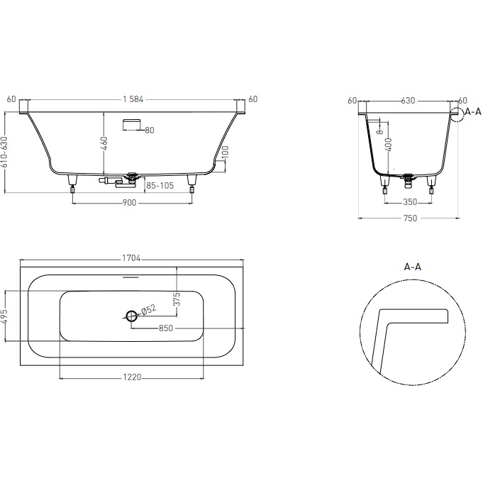 Ванна встраиваемая Salini S-Sense Orlanda Axis Kit 103313M 170x75x60 (белый матовый), донный клапан, сифон, слив-перелив
