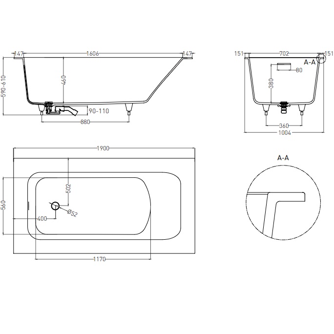 Ванна встраиваемая Salini S-Sense Orlanda Plus Kit 102114GF 190x100.4x60 (покраска RAL полностью, глянцевый), донный клапан, сифон, слив-перелив