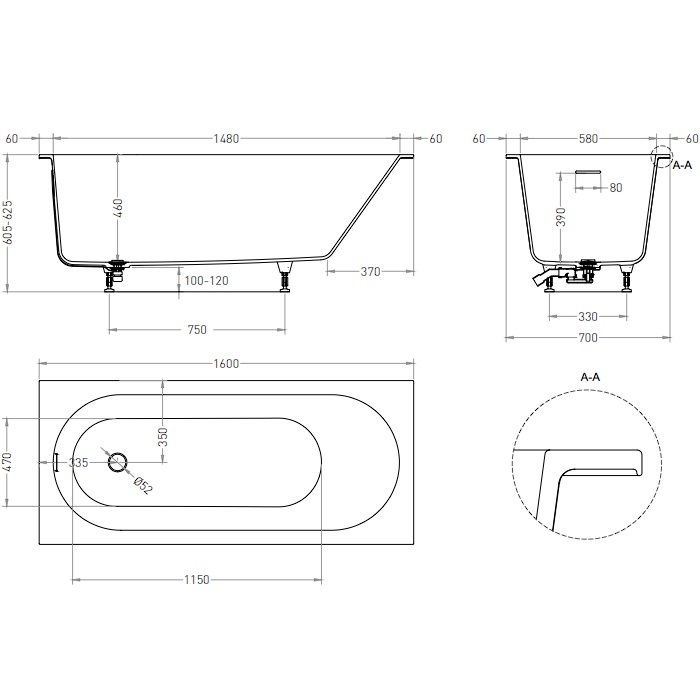Ванна встраиваемая Salini S-Sense Ornella 102416GF 160x70x54 (покраска RAL полностью, глянцевый), донный клапан, сифон, слив-перелив
