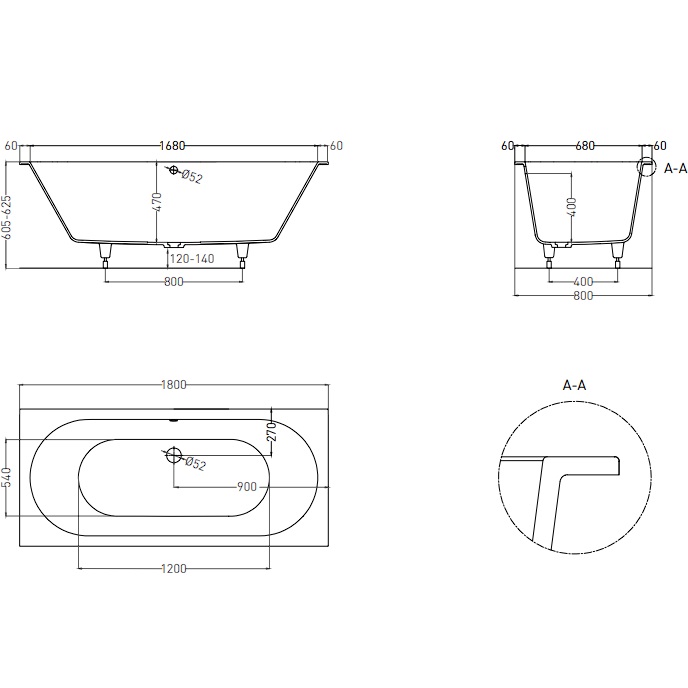 Ванна встраиваемая Salini S-Sense Ornella Axis 103411GF 180x80x60 (покраска RAL полностью, глянцевый), без донного клапана