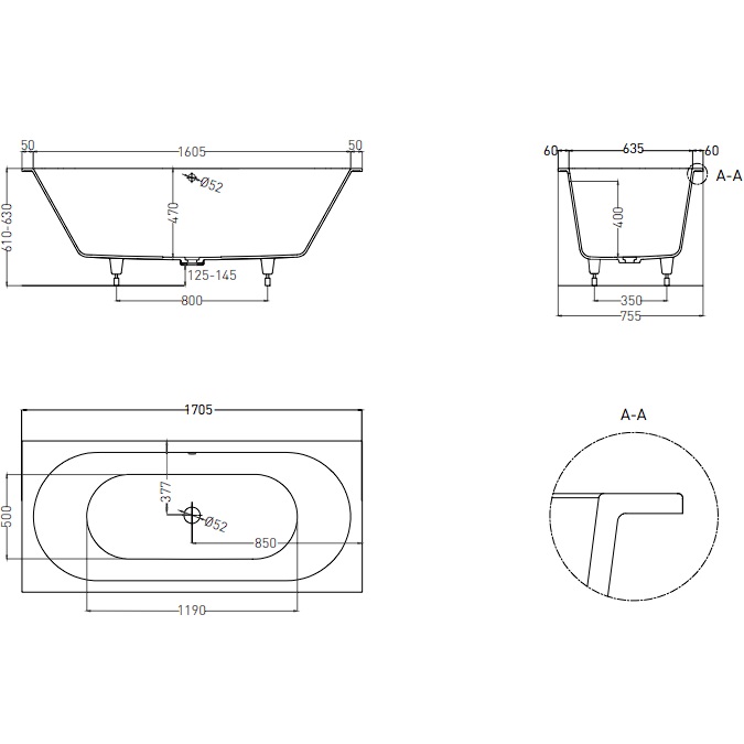 Ванна встраиваемая Salini S-Sense Ornella Axis 103413G 170.5x75.5x60 (белый глянцевый), без донного клапана