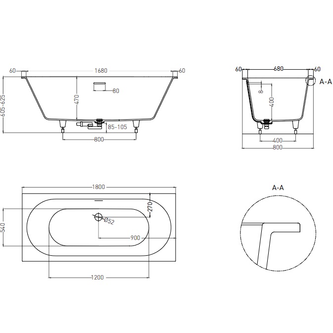 Ванна встраиваемая Salini S-Sense Ornella Axis Kit 103511GF 180x80x60 (покраска RAL полностью, глянцевый), донный клапан, сифон, слив-перелив