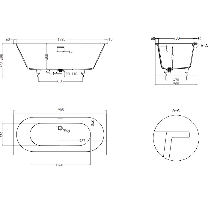 Ванна встраиваемая Salini S-Sense Ornella Axis Kit 103512GF 190.5x90.5x63.5 (покраска RAL полностью, глянцевый), донный клапан, сифон, слив-перелив
