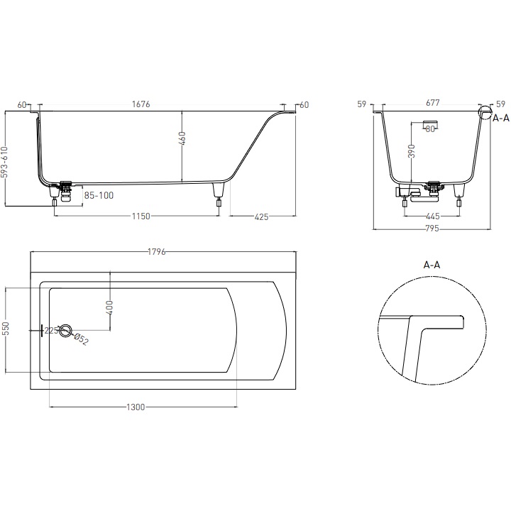 Ванна встраиваемая Salini S-Stone Cascata Kit 104523MF 179.6x79.5x60 (покраска RAL полностью, матовый), донный клапан, сифон, слив-перелив