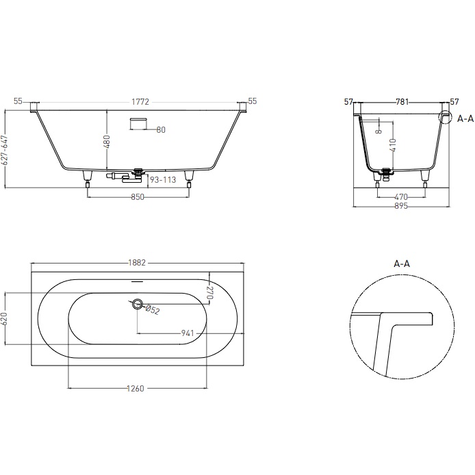 Ванна встраиваемая Salini S-Stone Ornella Axis Kit 103522MF 190x90x63.5 (покраска RAL полностью, матовый), донный клапан, сифон, слив-перелив
