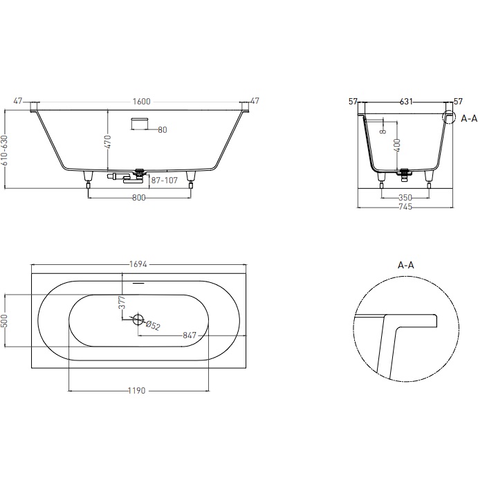 Ванна встраиваемая Salini S-Stone Ornella Axis Kit 103523M 170x75x60 (белый матовый), донный клапан, сифон, слив-перелив