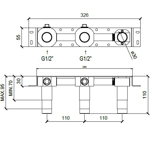 Встраиваемая часть настенного смесителя для раковины на 3 отверстия Almar Mixers E134010 (черный матовый), излив справа/слева